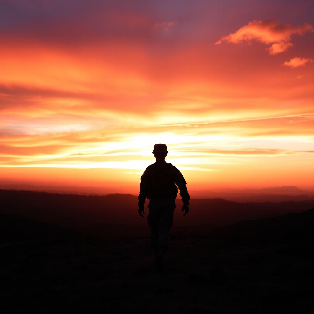 A soldier walking through a breathtaking sunrise