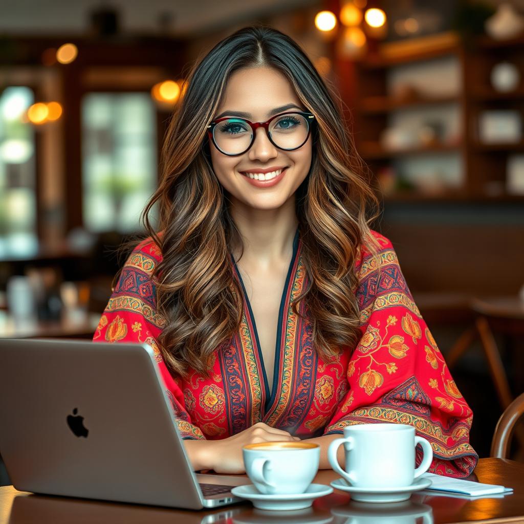 A confident young woman with fair skin and long, wavy brown hair cascading over her shoulders