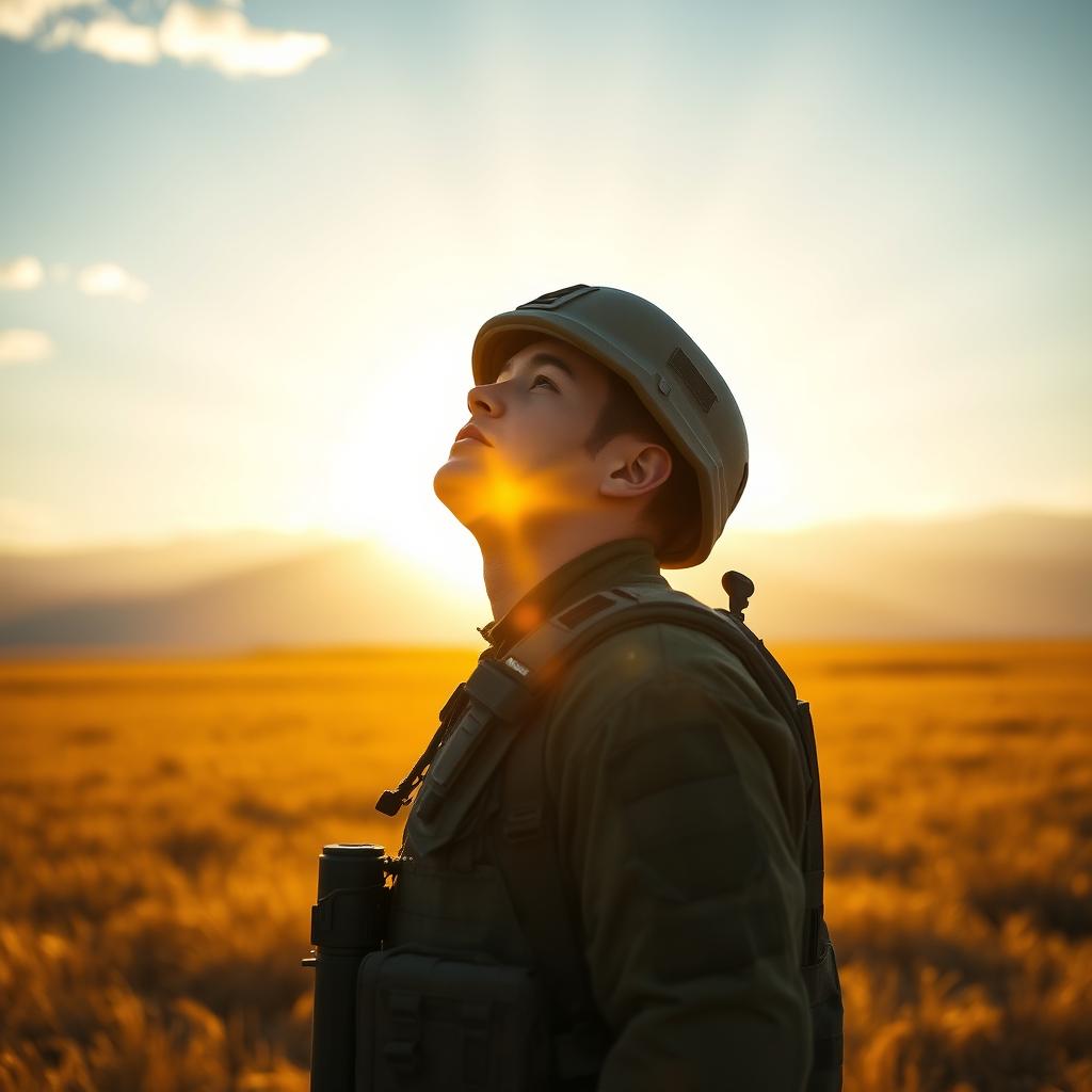 A soldier standing in a vast, open field at dawn, bathed in warm golden sunlight