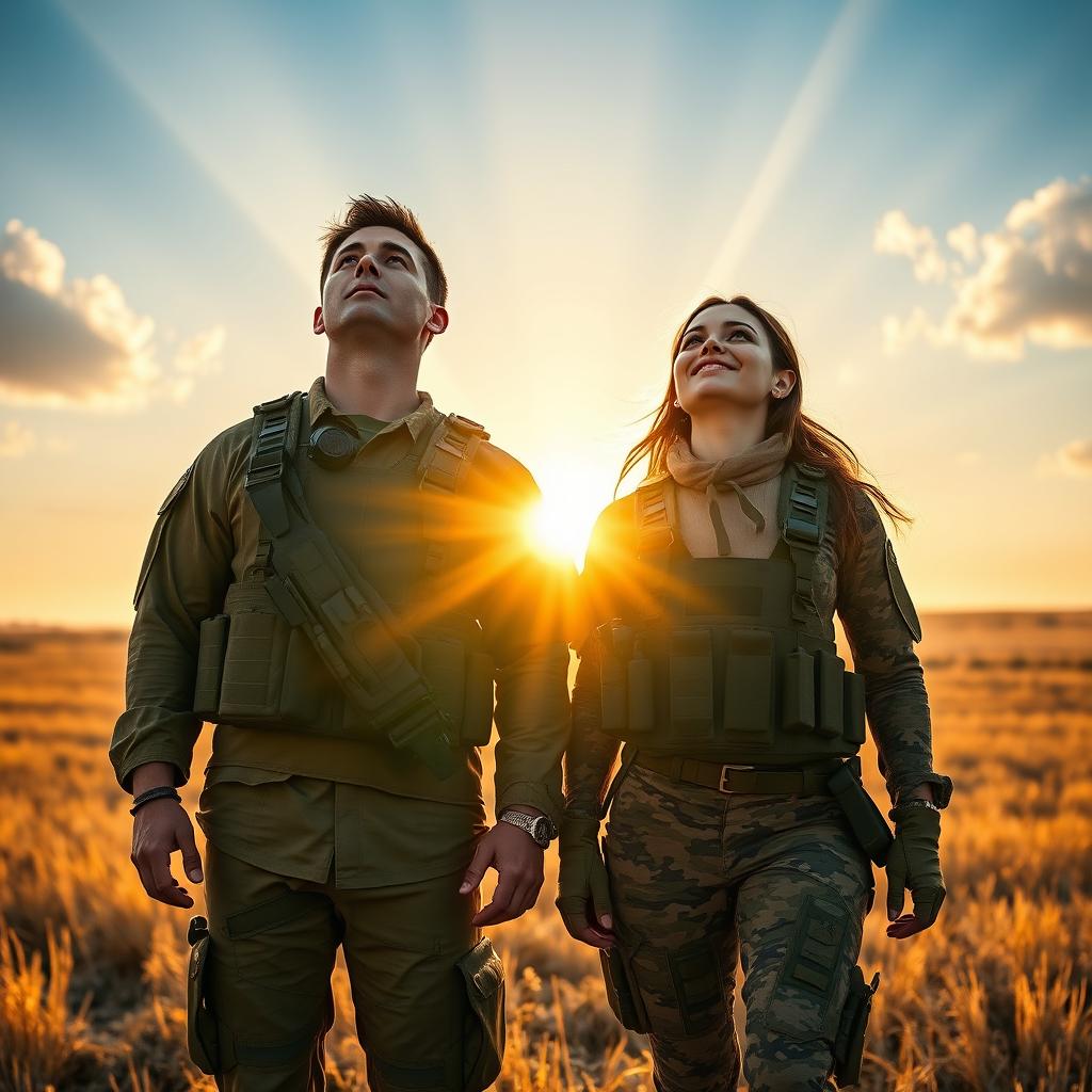 A male and female soldier standing together in a vast, open field at dawn, both bathed in warm golden sunlight