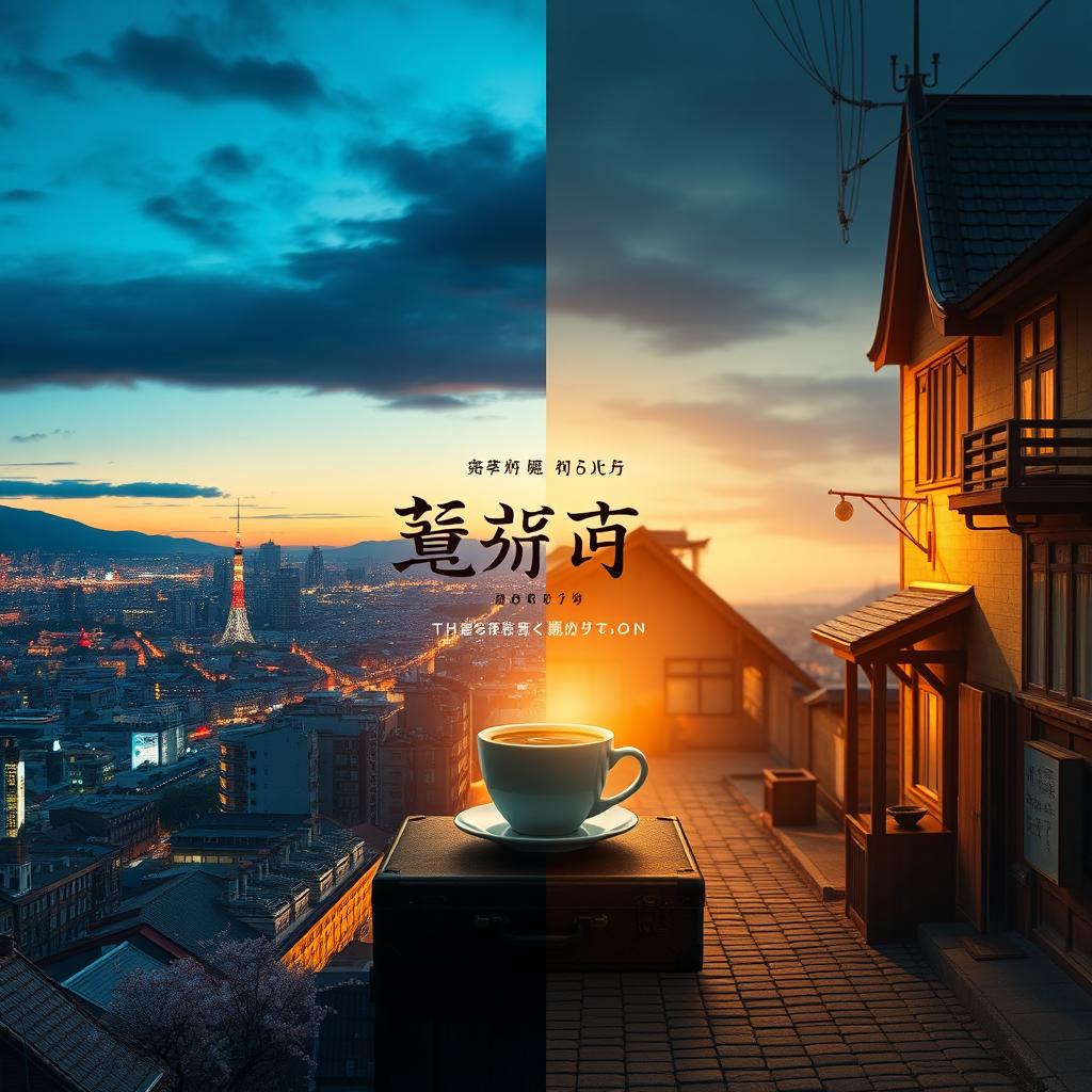 A split movie poster featuring two distinct stories: on one side, a serene, atmospheric view of a bustling city landscape with neon lights and a Japanese influence, reminiscent of Tokyo