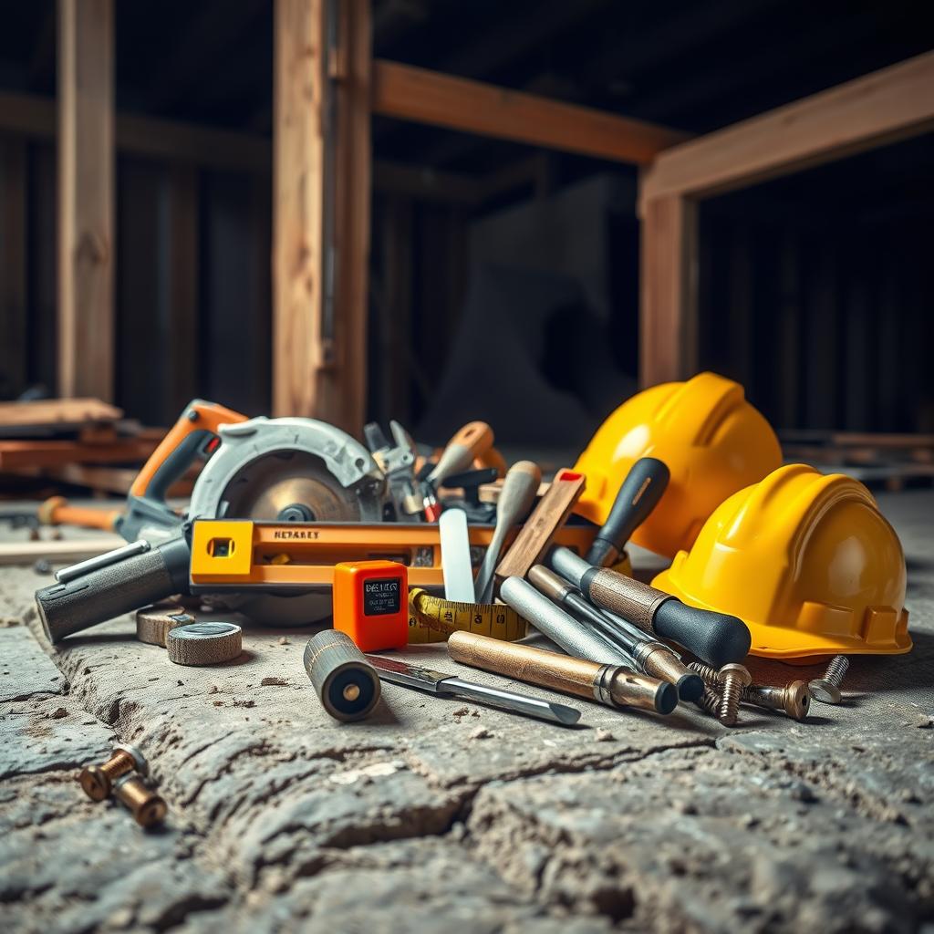 A detailed and dynamic scene showcasing a collection of construction tools on a rugged concrete surface