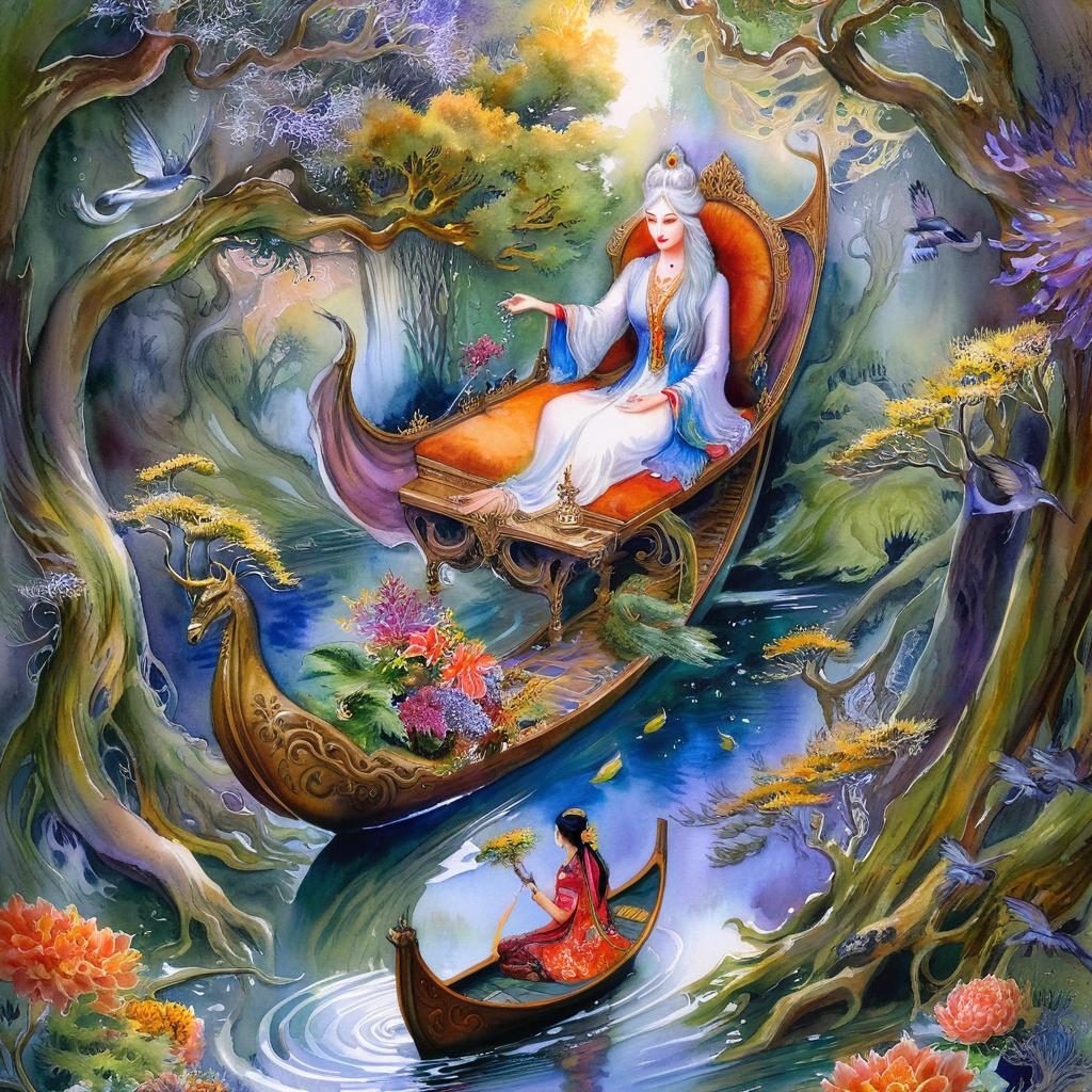 Mystical and spiritual watercolor painting of a beautiful woman sitting inside a royal boat on a beautiful and peaceful pond in a dense forest with cypress trees, plane trees, grapevines, winding bonsai trees, and a whirlwind of colorful flowers and beautiful.