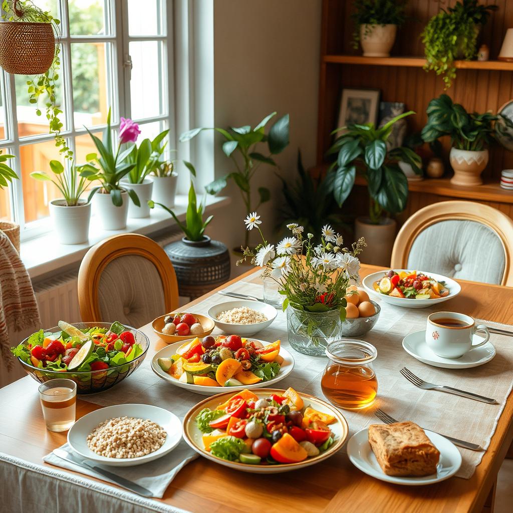 An inviting scene of healthy hospitality, showcasing a beautifully set dining table filled with a variety of nutritious dishes
