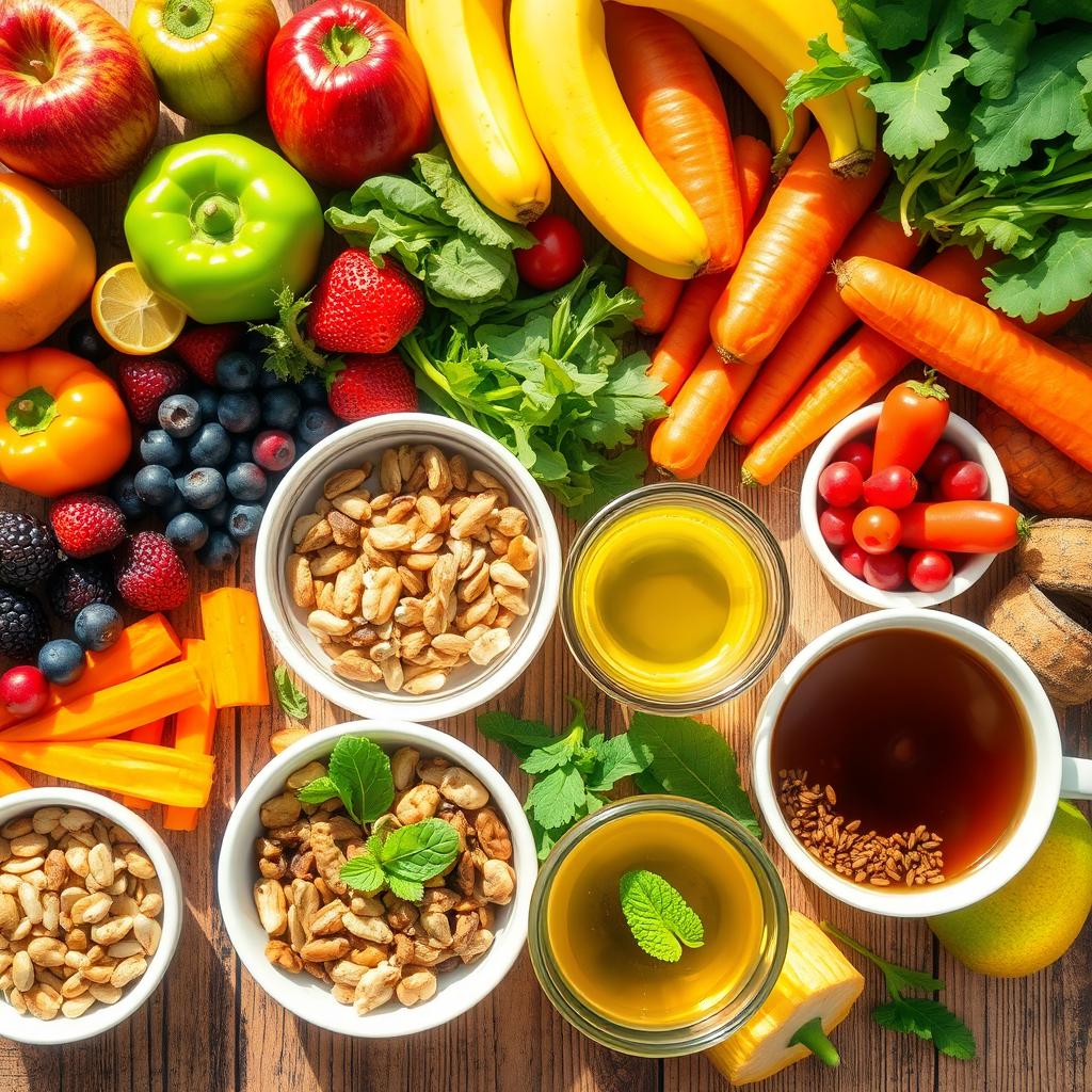 A vibrant assortment of healthy food items, featuring a variety of fresh fruits such as apples, berries, and bananas, alongside an array of colorful vegetables including bell peppers, carrots, and leafy greens
