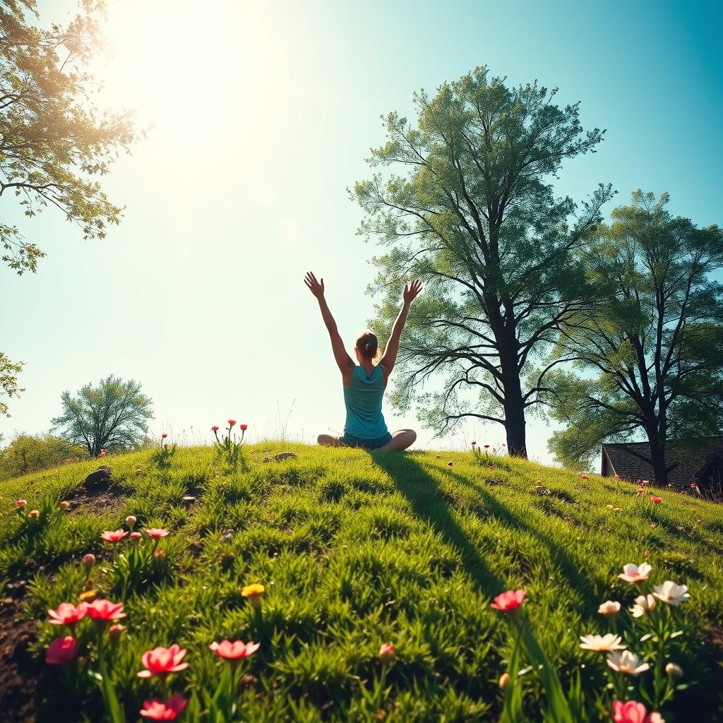 A serene and inspiring representation of health, showcasing a peaceful landscape with a person practicing yoga on a grassy hilltop surrounded by vibrant greenery and blooming flowers