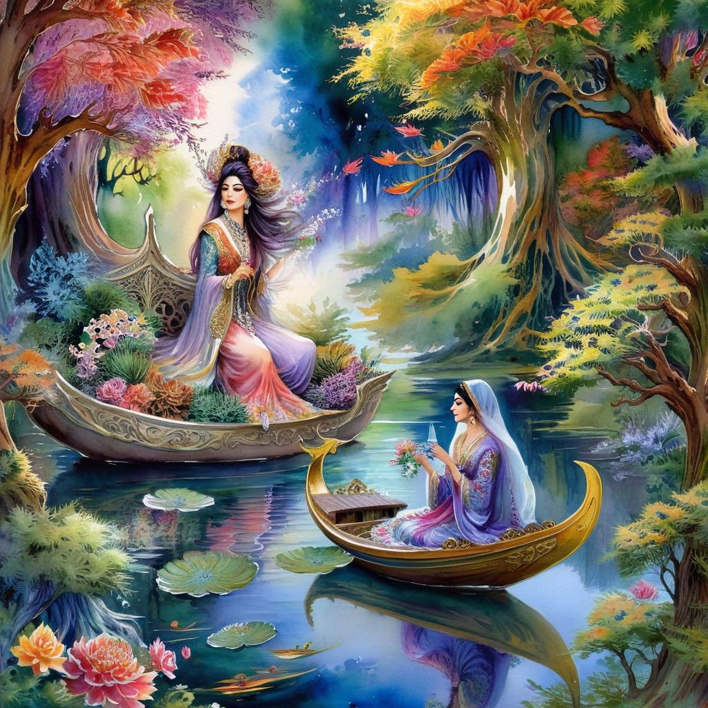 Mystical and spiritual watercolor painting of a beautiful Iranian woman sitting inside a royal boat on a beautiful and peaceful pond in a dense forest with cypress trees, plane trees, grapevines, winding bonsai trees, and a whirlwind of colorful flowers and beautiful.