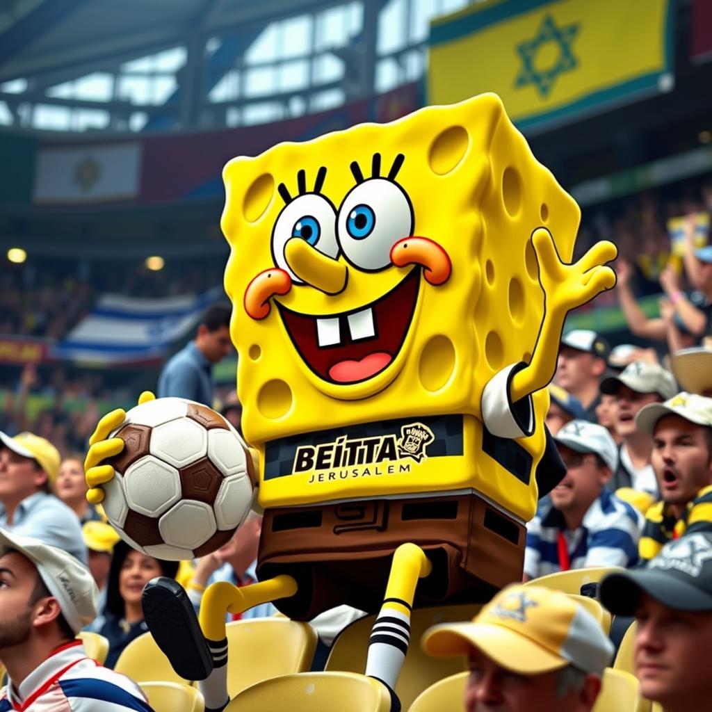 SpongeBob SquarePants dressed as a Beitar Jerusalem soccer fan, wearing a jersey with the team's logo, holding a soccer ball, and sitting in a stadium filled with cheering fans