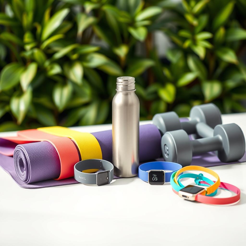 A stylish and organized display of health accessories, including a variety of fitness gear such as a yoga mat, resistance bands, and dumbbells