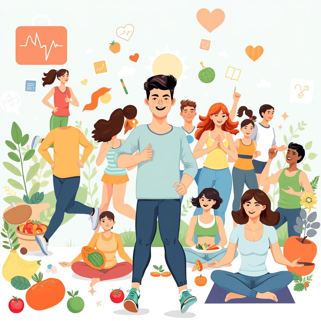 An engaging and informative illustration depicting human health, featuring a diverse group of people engaged in various activities that promote well-being, such as jogging, practicing yoga, cooking healthy meals, and participating in group fitness classes