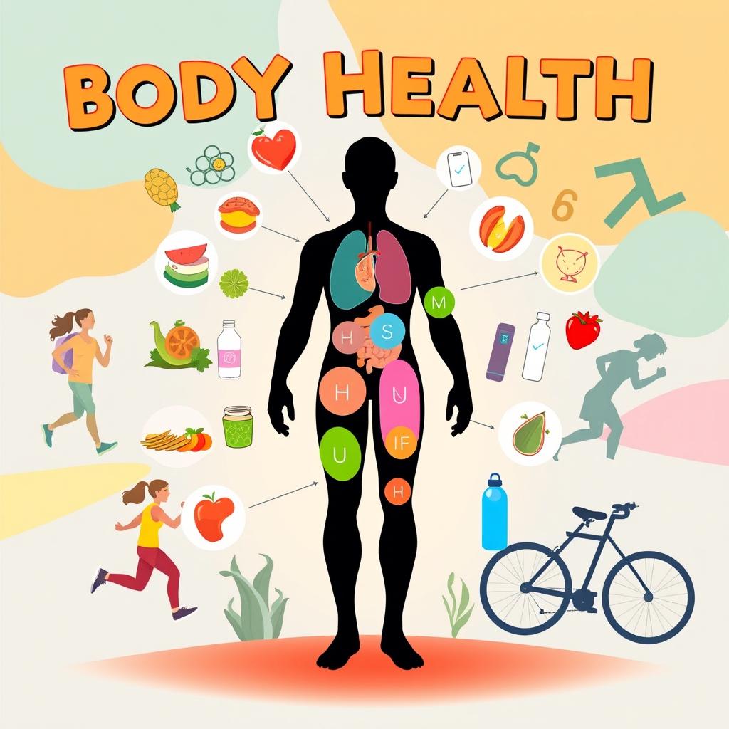 An educational and visually appealing illustration focused on body health, featuring a human silhouette with highlighted areas representing different aspects of health, such as the heart, lungs, muscles, and digestive system