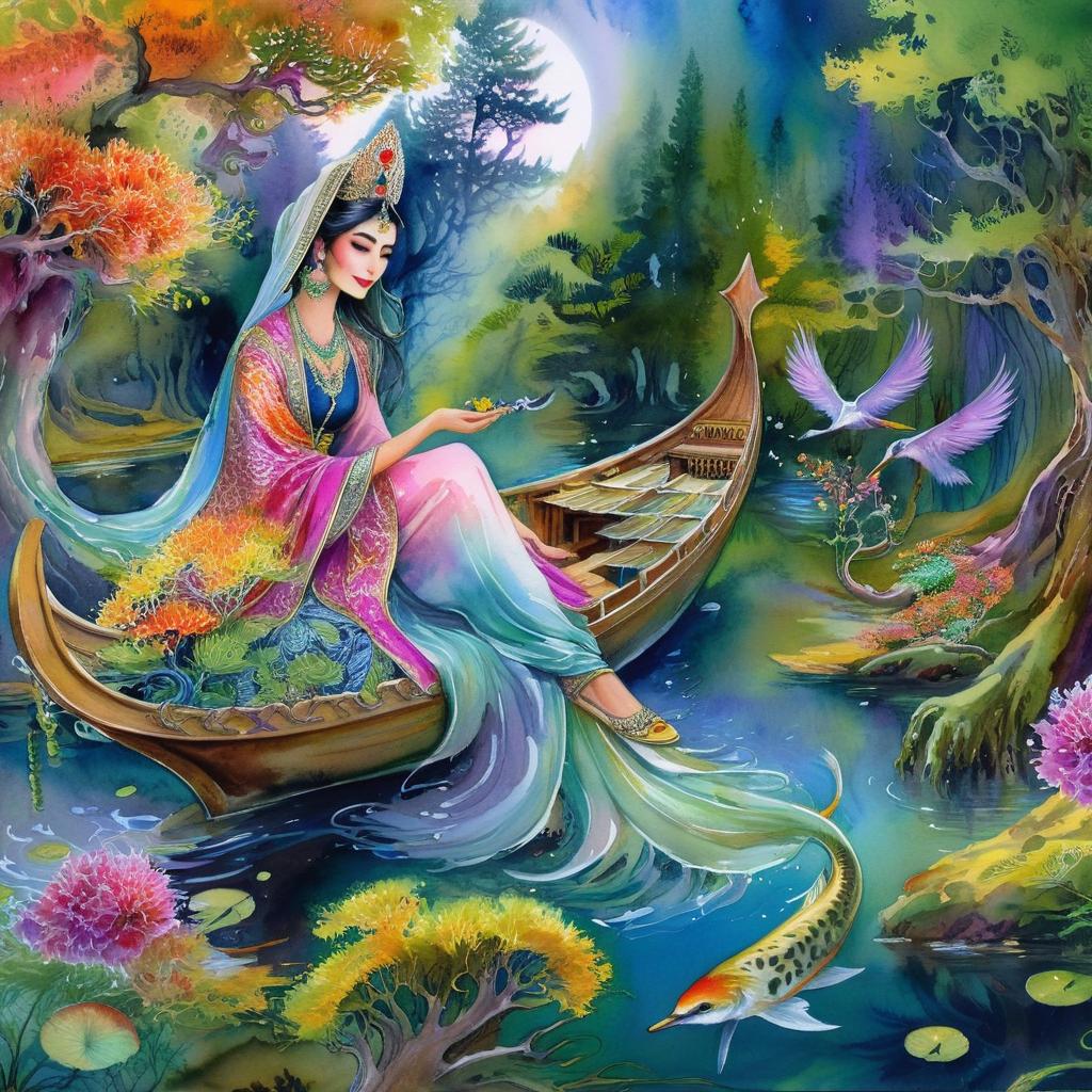 Mystical and spiritual watercolor painting of a beautiful Iranian woman sitting inside a royal boat on a beautiful and peaceful pond in a dense forest with cypress trees, plane trees, grapevines, winding bonsai trees, and a whirlwind of colorful flowers and beautiful.