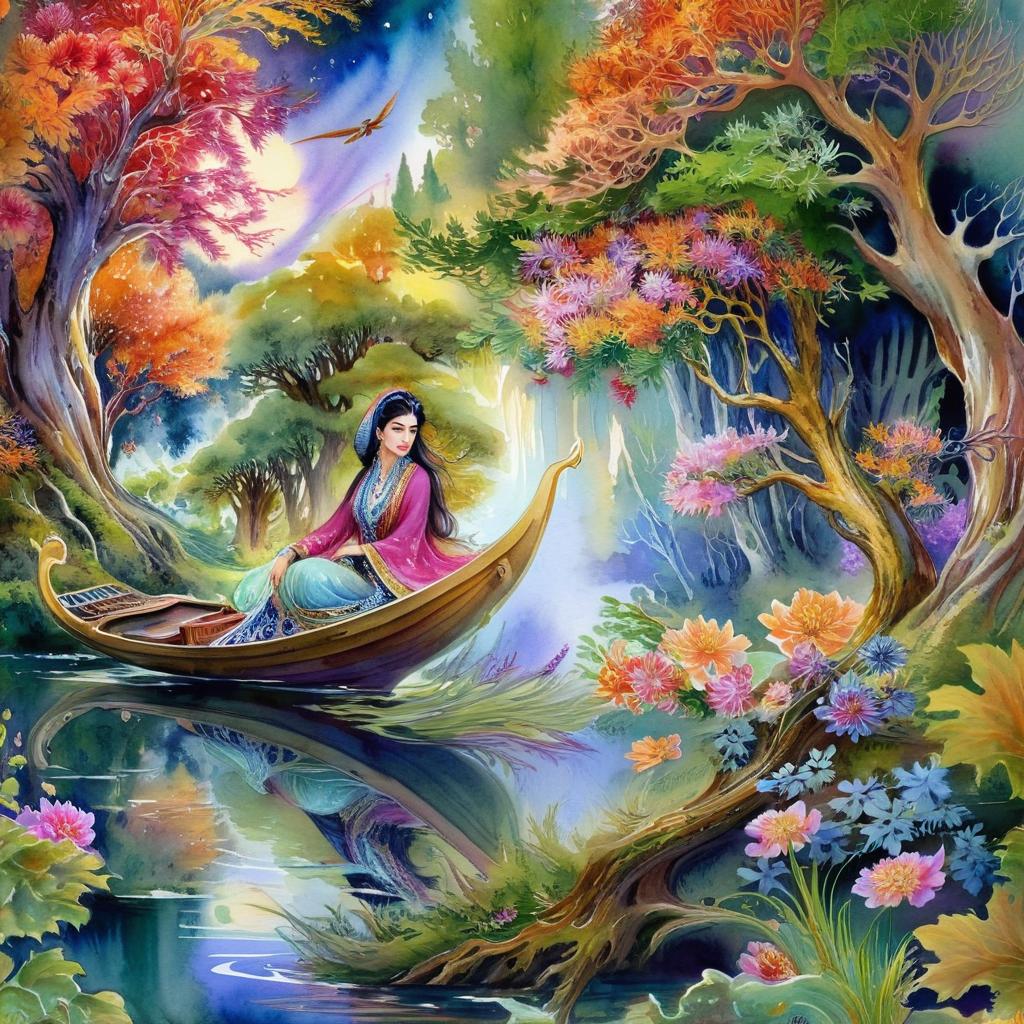 Mystical and spiritual watercolor painting of a beautiful Iranian woman sitting inside a royal boat on a beautiful and peaceful pond in a dense forest with cypress trees, plane trees, grapevines, winding bonsai trees, and a whirlwind of colorful flowers and beautiful.