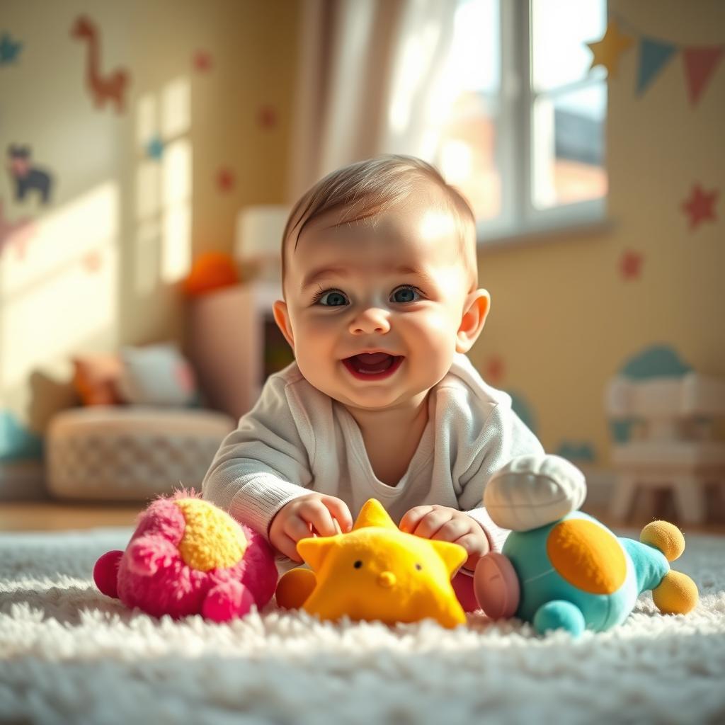 A heartwarming and joyful scene featuring a baby playing with colorful soft toys in a cozy nursery