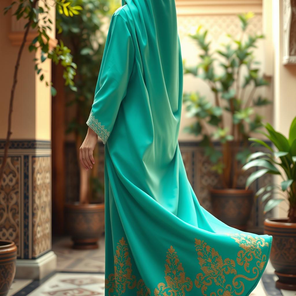 A figure wearing an elegant abaya that flows gracefully around the body, styled in a modern, sophisticated design with intricate embroidery