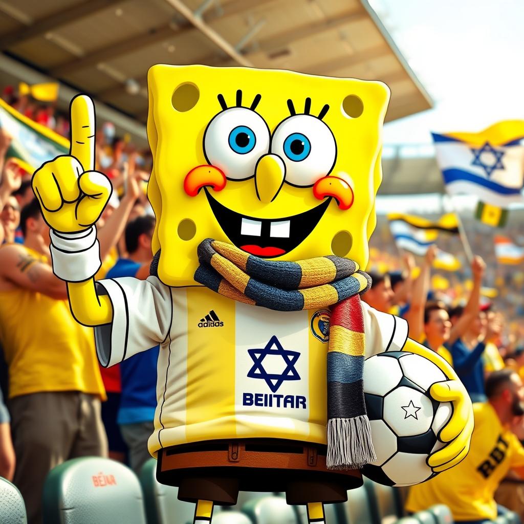 SpongeBob SquarePants as a super fan of Beitar Jerusalem soccer team, wearing an oversized team jersey with the Beitar logo, a colorful scarf around his neck, and a foam finger in one hand while holding a soccer ball in the other