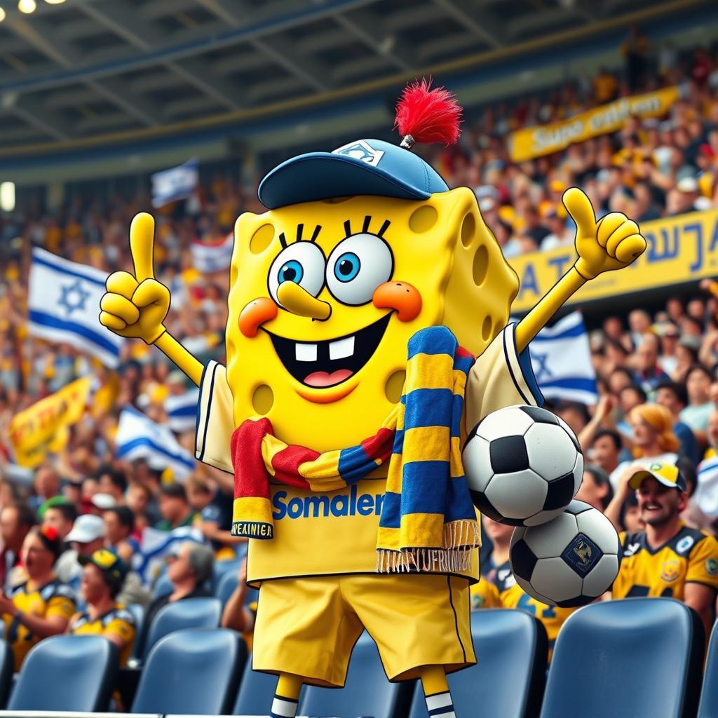 SpongeBob SquarePants enthusiastically dressed as a super fan of the Israeli soccer team Beitar Jerusalem