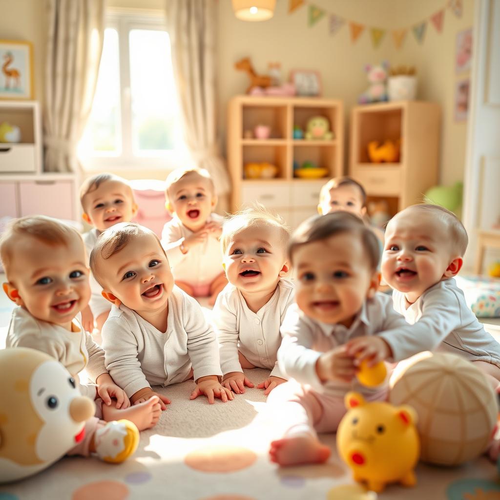 A delightful scene featuring a group of babies joyfully interacting in a bright, cheerful nursery