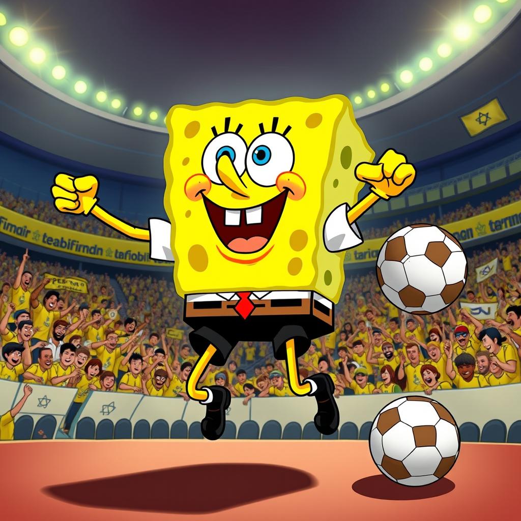 SpongeBob SquarePants as a super fan of the Israeli soccer team Beitar Jerusalem, wearing an authentic team uniform in bright yellow and black colors