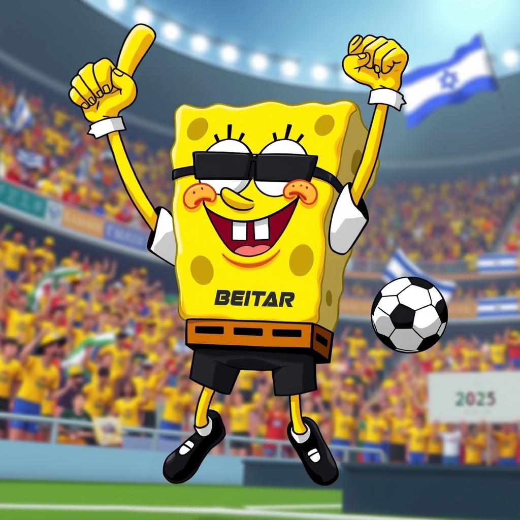 SpongeBob SquarePants as a super fan of the Israeli soccer team Beitar Jerusalem, wearing the team's 2025 uniform, which features bright yellow and bold black colors, complete with sleek design elements and the team logo prominently displayed