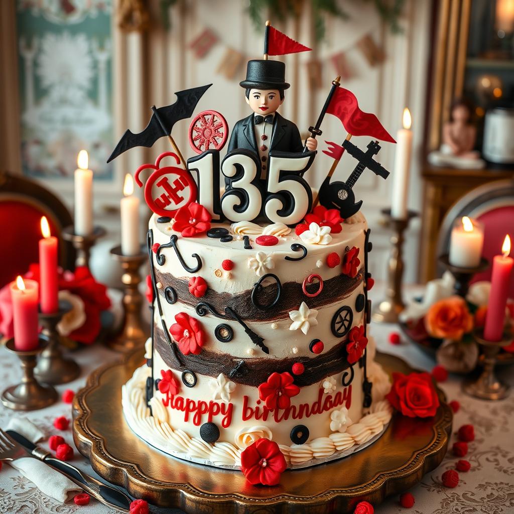 A whimsical birthday cake designed to celebrate a historical figure's 135th birthday, adorned with vivid decorations in the colors of black, red, and white, featuring intricate sugar art in the shape of iconic symbols from the early 20th century