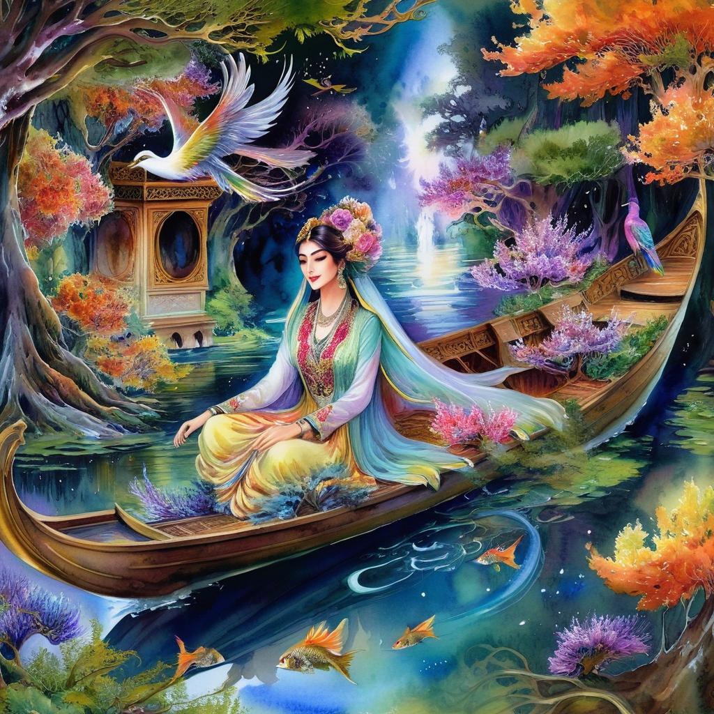 Mystical and spiritual watercolor painting of a beautiful Iranian woman sitting inside a royal boat on a beautiful and peaceful pond in a dense forest with cypress trees, plane trees, grapevines, winding bonsai trees, and a whirlwind of colorful flowers and beautiful.