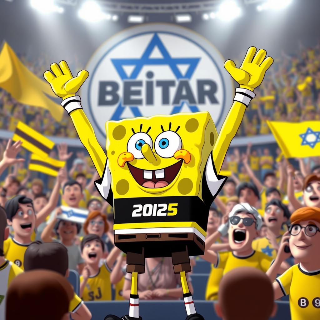 SpongeBob SquarePants as a super fan of the Israeli soccer team Beitar Jerusalem, wearing the team's 2025 uniform featuring bright yellow and bold black colors