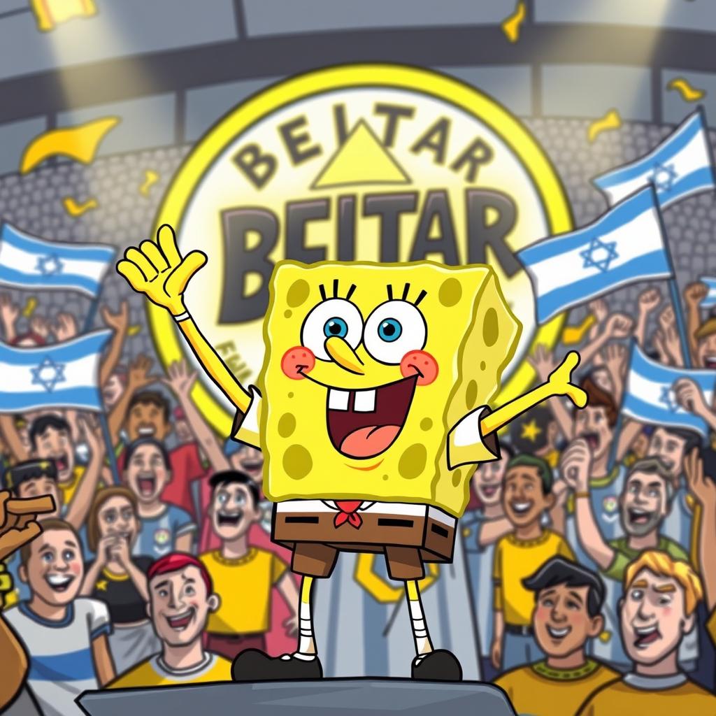 SpongeBob SquarePants as a super fan of the Israeli soccer team Beitar Jerusalem, wearing the current season's vibrant yellow and black team uniform