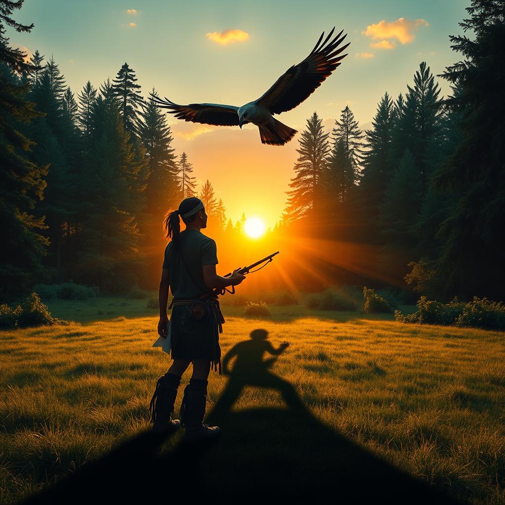 A serene forest clearing at dawn, featuring a young Native American man seen from behind, standing in the center of the scene