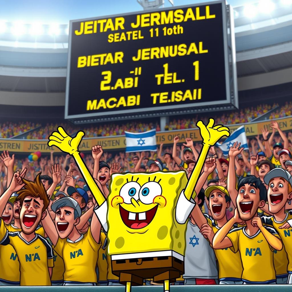 SpongeBob SquarePants as a super fan of the Israeli soccer team Beitar Jerusalem, wearing the current season's yellow and black team uniform