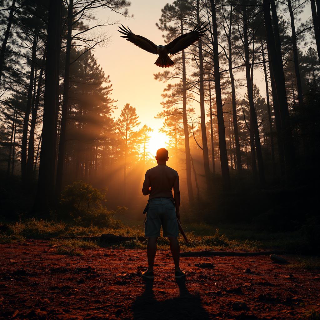 A forest clearing at dawn, featuring a young indigenous man standing in the center, with his back turned, holding a blowgun in his hand