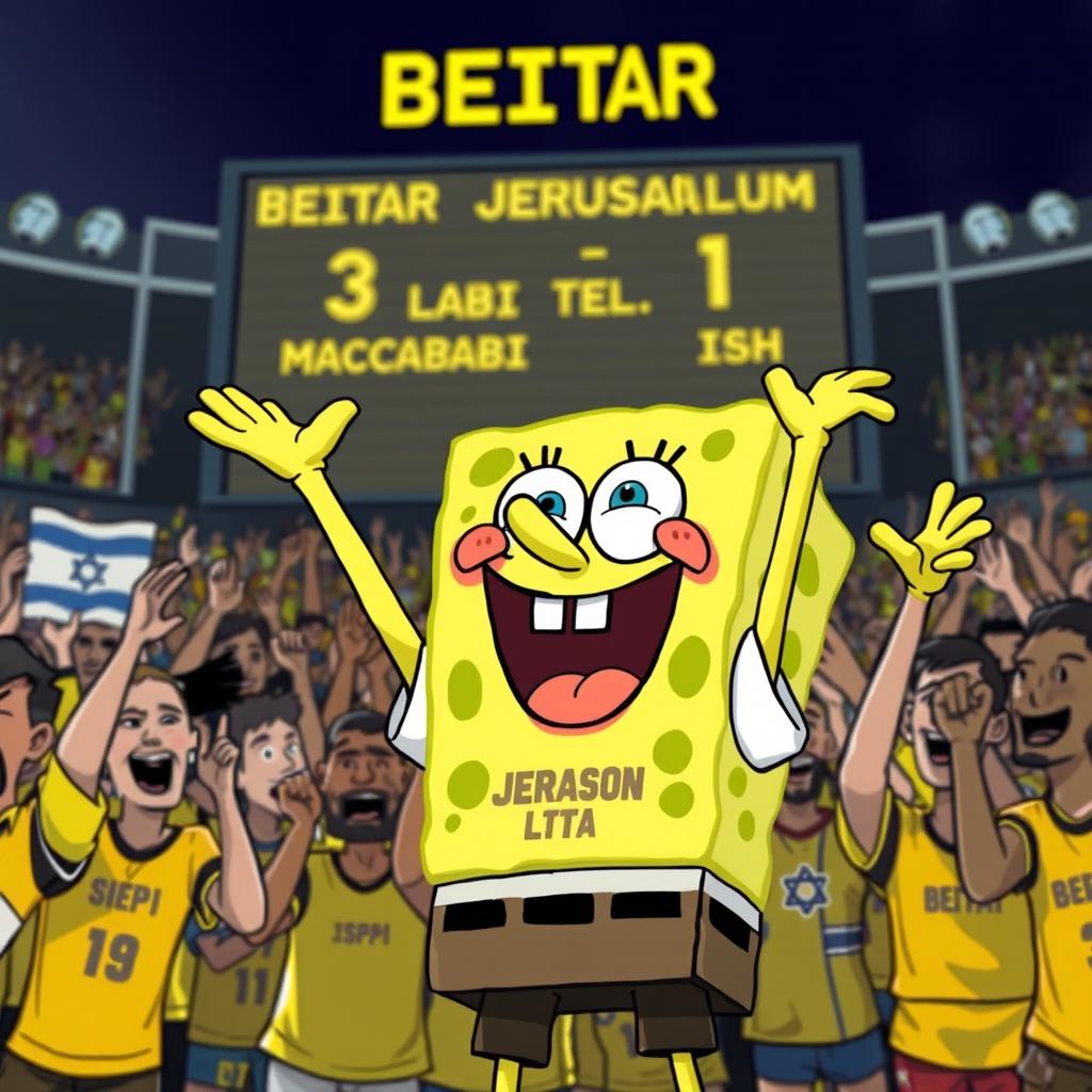 SpongeBob SquarePants as a super fan of the Israeli soccer team Beitar Jerusalem, wearing the current season's yellow and black team uniform