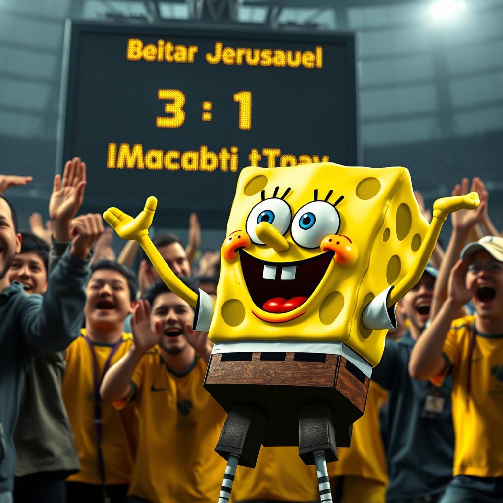 A realistic depiction of SpongeBob SquarePants as a super fan of the Israeli soccer team Beitar Jerusalem, wearing the current season's authentic yellow and black team uniform