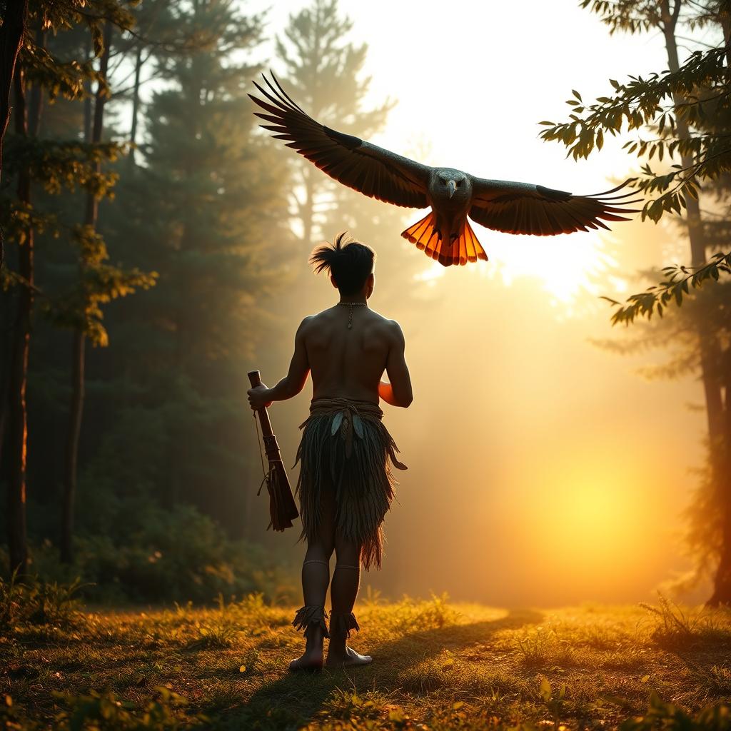 A forest clearing at dawn, featuring a young indigenous man dressed in a feathered loincloth, standing with his back turned in the center