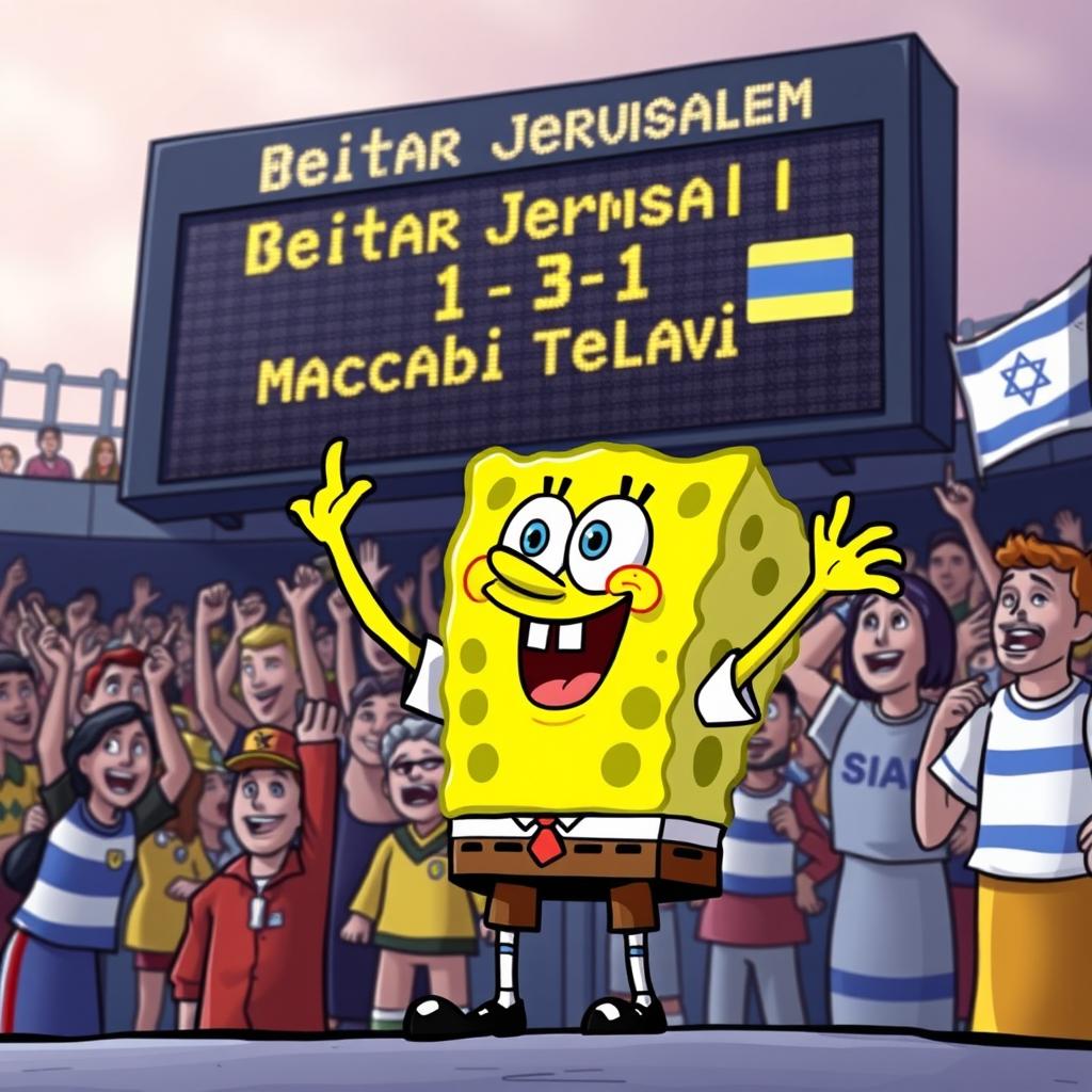 SpongeBob SquarePants as an enthusiastic super fan of the Israeli soccer team Beitar Jerusalem, proudly wearing the team's current season's yellow and black uniform