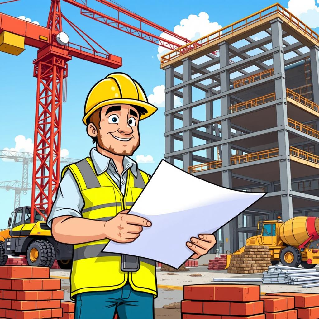 A cartoon-style illustration of a man working on a construction site, wearing a hard hat and safety vest