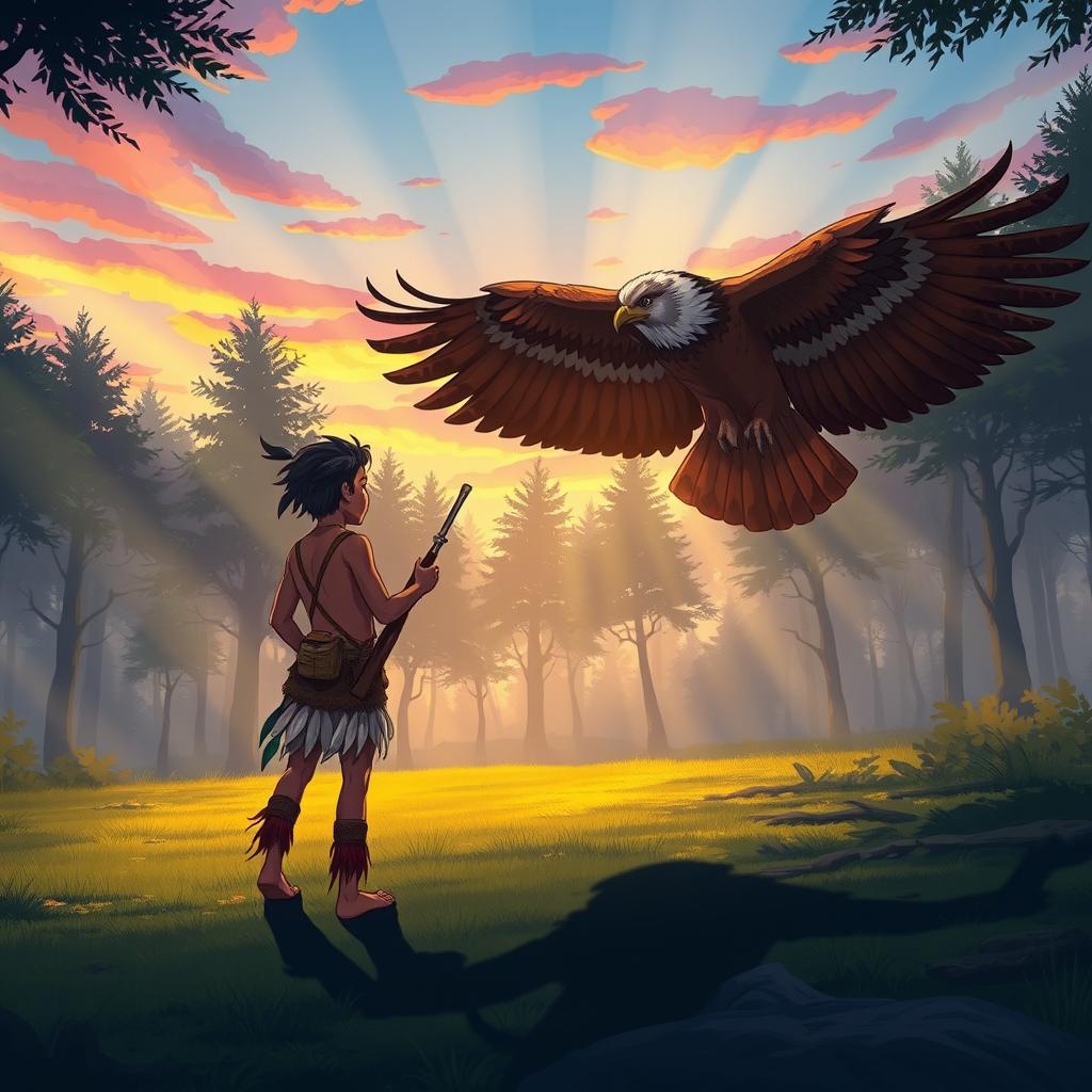 Anime-style illustration of a forest clearing at dawn, featuring a young indigenous man dressed in a feathered loincloth, standing in the center with his back turned