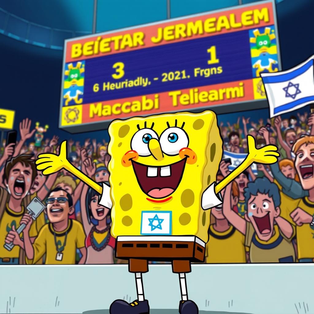A vibrant scene featuring SpongeBob SquarePants as a super fan of the Israeli soccer team Beitar Jerusalem, donned in the current season's yellow and black uniform