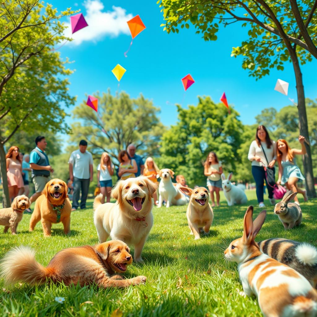 A joyful scene depicting a lively pet gathering in a sunny park