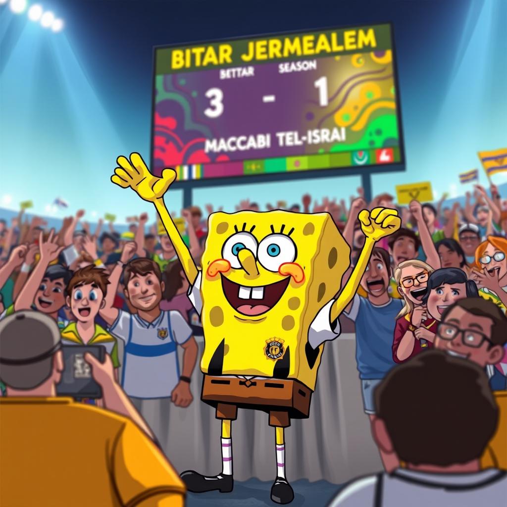 A vibrant scene featuring SpongeBob SquarePants as a super fan of the Israeli soccer team Beitar Jerusalem, proudly wearing the team's current season uniform in yellow and black