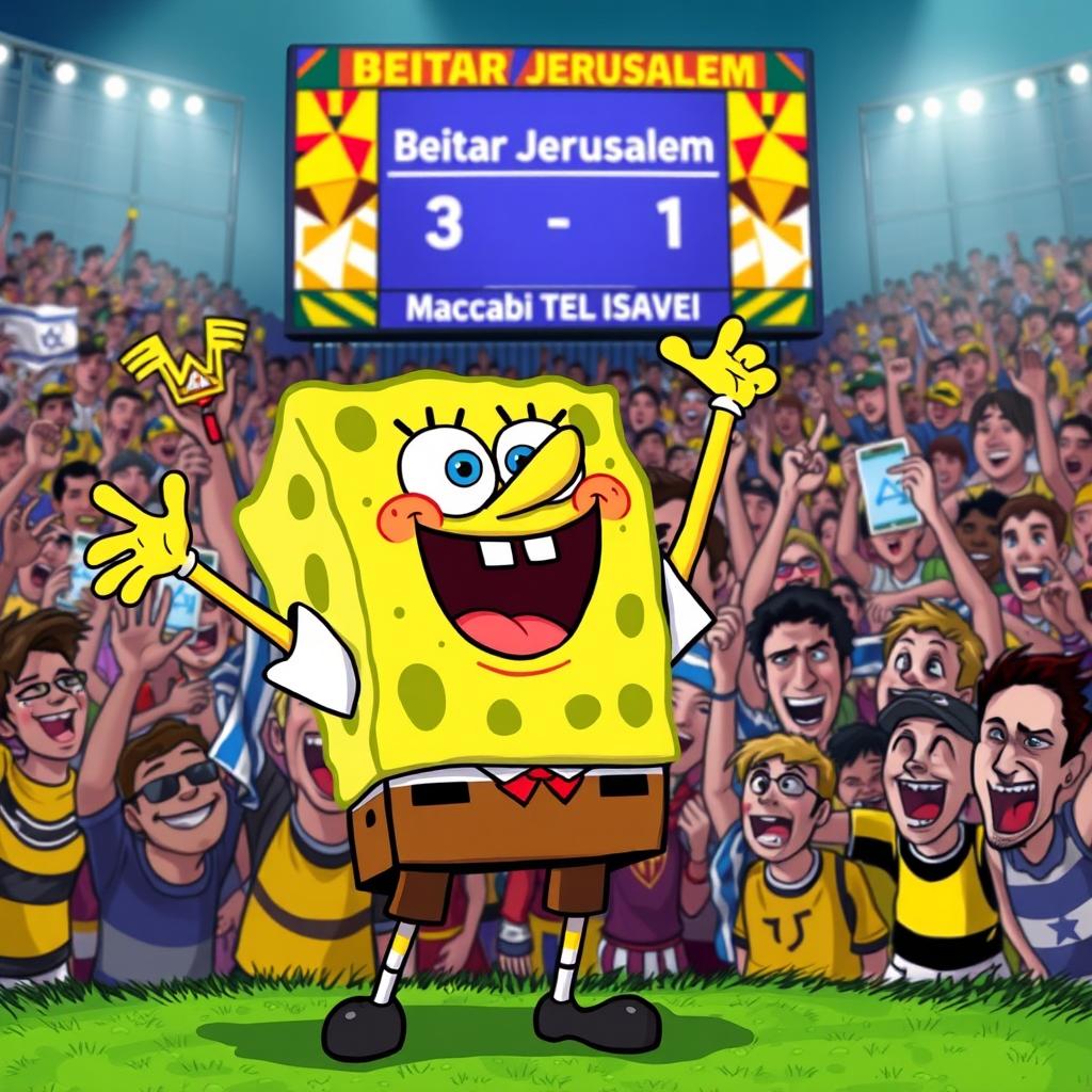 A lively illustration of SpongeBob SquarePants as an excited super fan of the Israeli soccer team Beitar Jerusalem, energetically wearing the current season's yellow and black uniform
