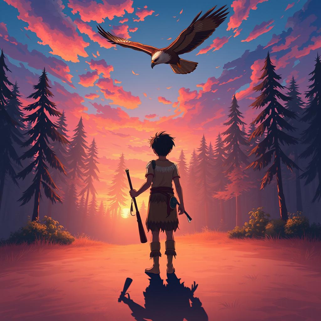 Anime-style illustration of a forest clearing at dawn, featuring a young indigenous man in the center of the image, standing with his back turned and dressed in a feathered loincloth