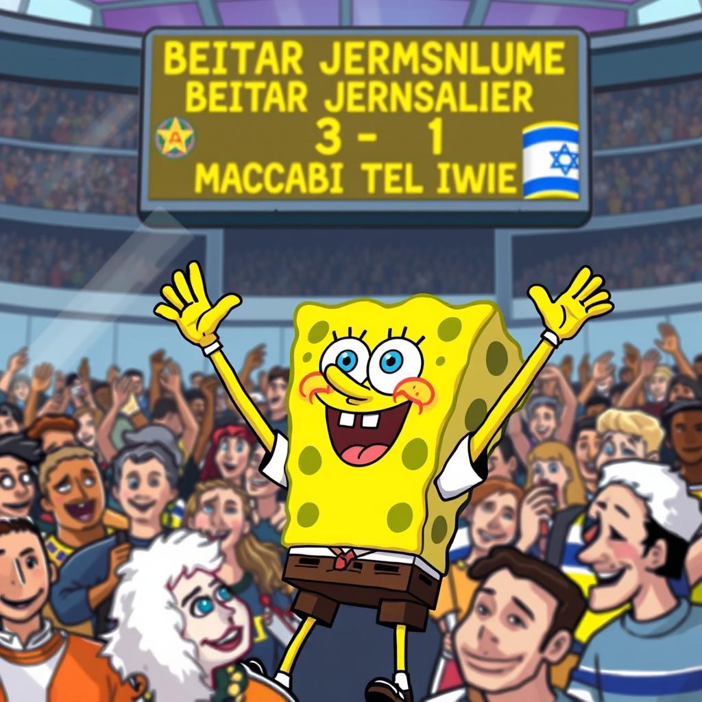 A lively illustration featuring SpongeBob SquarePants as an enthusiastic super fan of the Israeli soccer team Beitar Jerusalem, wearing the current season's striking yellow and black uniform