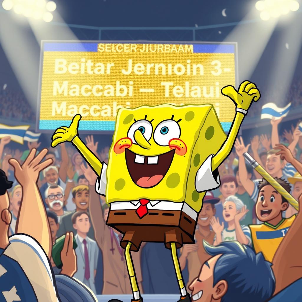 An energetic illustration capturing SpongeBob SquarePants as a super fan of the Israeli soccer team Beitar Jerusalem, donning the current season's bright yellow and black uniform