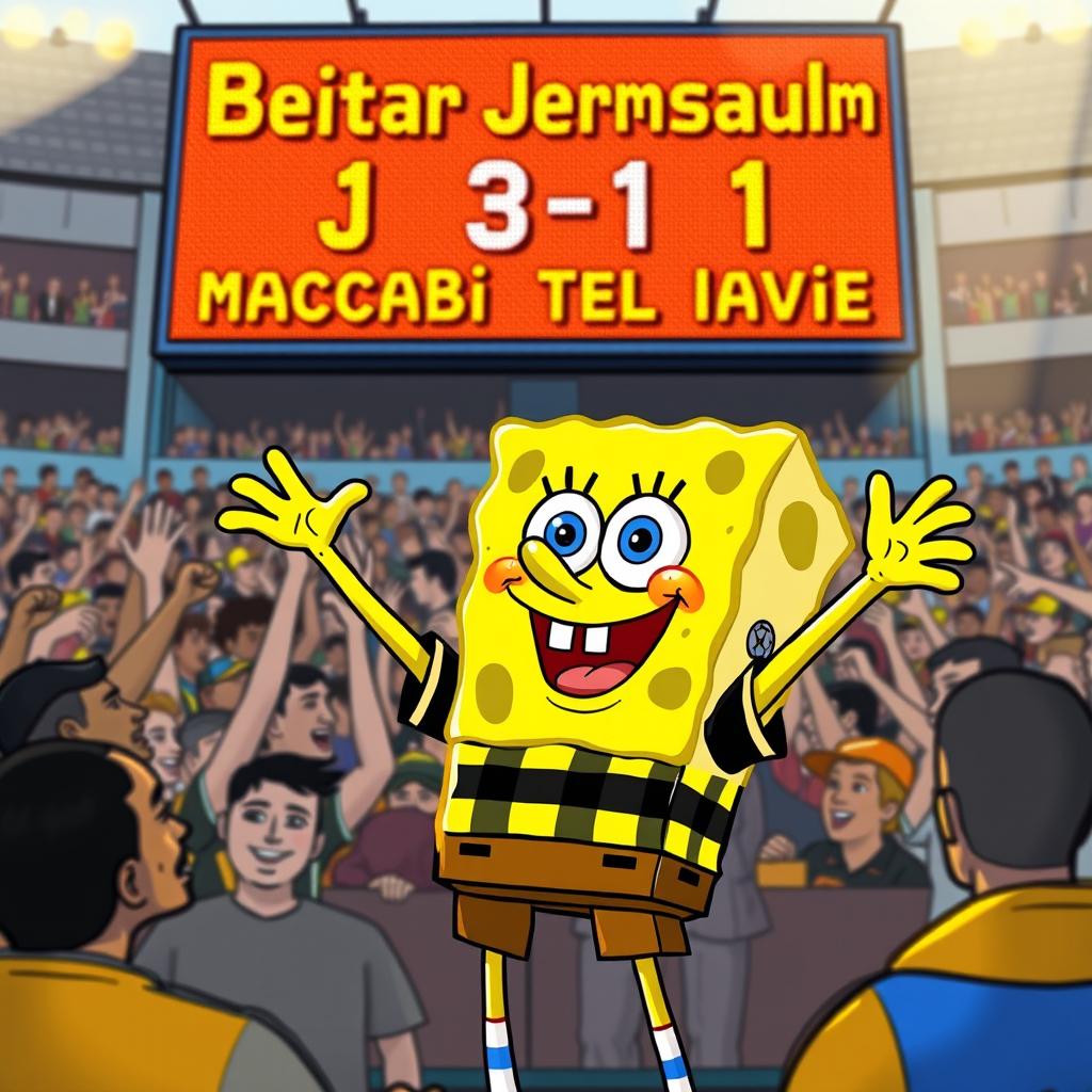 A vibrant and energetic illustration of SpongeBob SquarePants, depicted as a devoted super fan of the Israeli soccer team Beitar Jerusalem