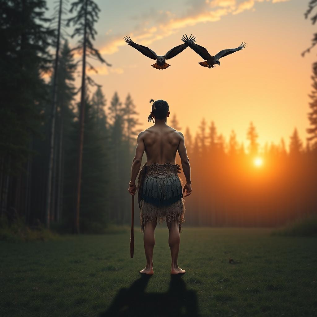 A serene forest clearing at dawn, featuring a young indigenous man from the back, wearing a feathered loincloth and holding a blowgun in his hand