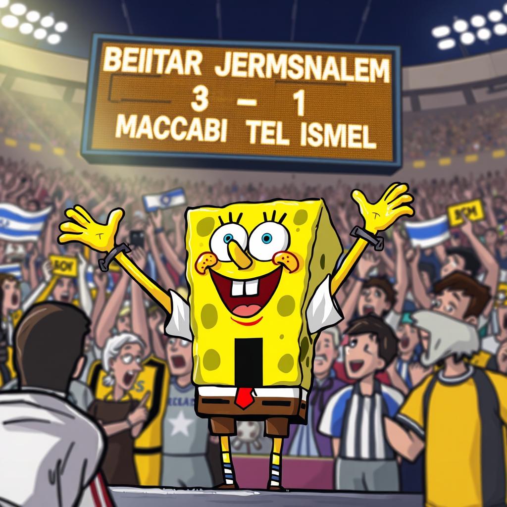 A vibrant and joyful illustration depicting SpongeBob SquarePants as a dedicated super fan of the Israeli soccer team Beitar Jerusalem