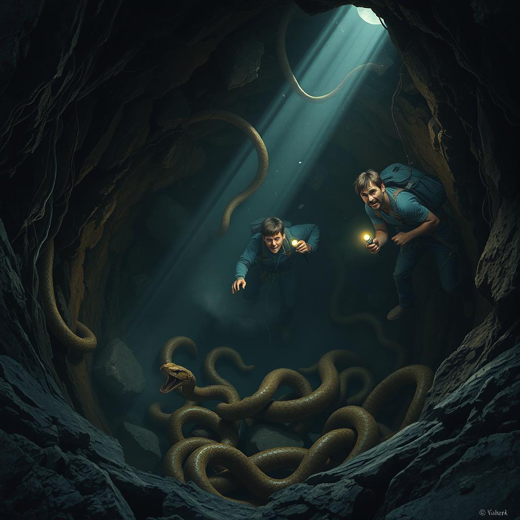 A deep pit filled with snakes, the team of adventurers frantically searching for a way out as stones fall around them