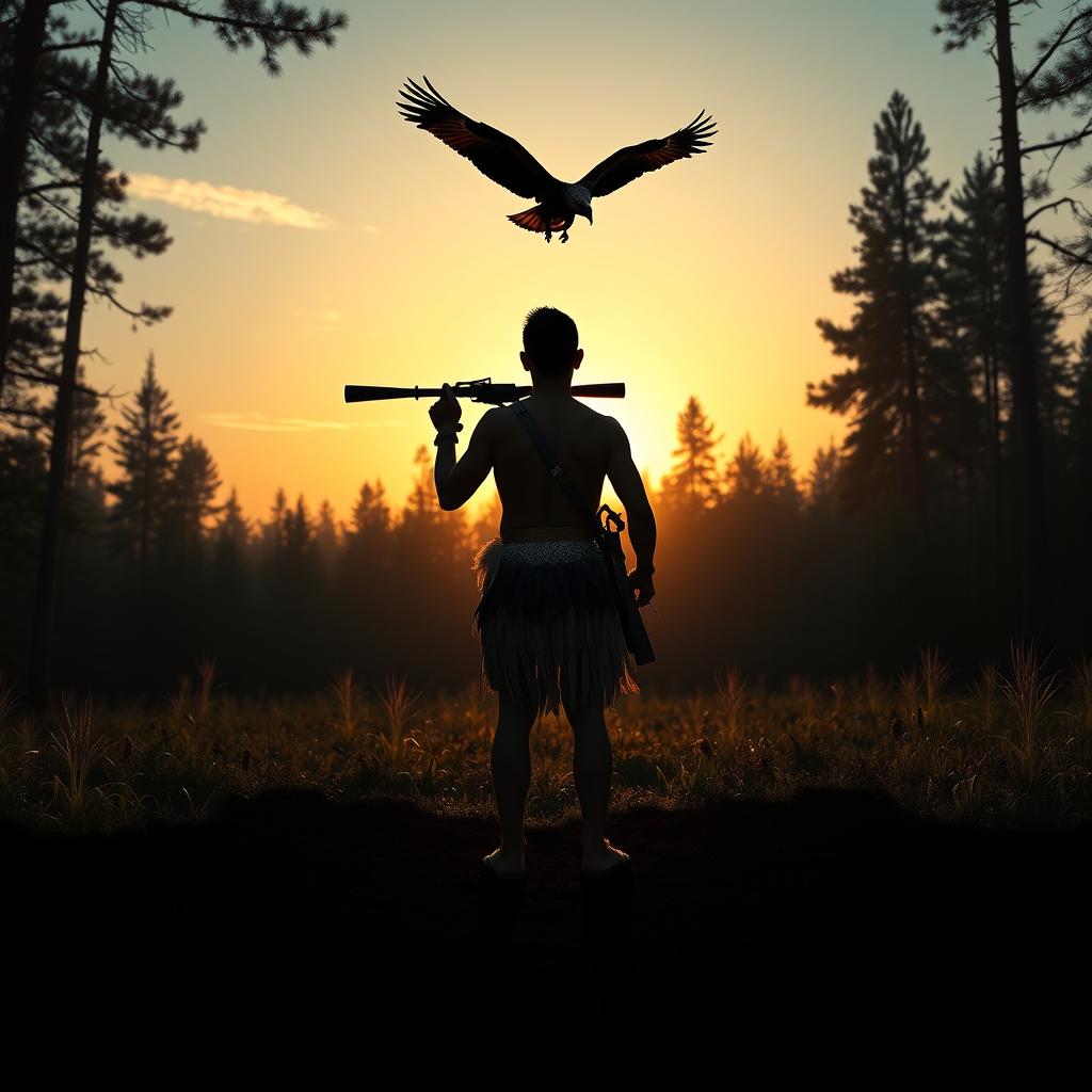 A beautiful forest clearing at dawn, featuring the shadow of a young indigenous man from the back, adorned in a feathered loincloth and holding a blowgun