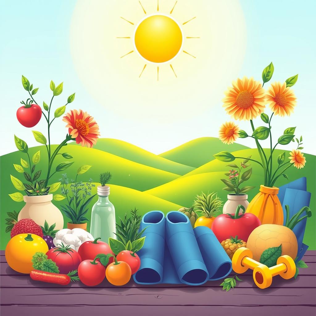A vibrant health-themed illustration featuring various elements representing wellness and vitality